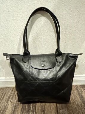 LONGCHAMP Limited Edition LM Metal Le Pliage Small Black Tote Bag Leather RARE